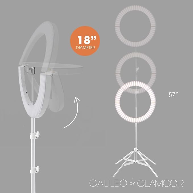 GLAMCOR Galileo Portable Ring Light Kit | 18" Foldable LED Ring Light with 2,700K - 5,600K Color Temperature Range, Remote with Presets and Smartphone Bluetooth Control, Travel Bag Included (White)