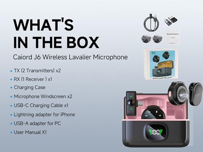 2 Pack Wireless Lavalier Microphone for iPhone 15, Android, USB C, ipad with Adapter Included, Noise Cancellation Mini Lapel Mic for YouTube, Recording, Vlog, Facebook Live Streaming (Pink)