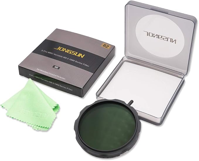 JONGSUN 82mm Variable ND Filter, S-Pro MRC 16 Layers Nano Coatings, More Than 10 Stop ND2-ND1000 Stepless Adjustment Graduated, Lens Cloth Kit, Camera Neutral Density Filter