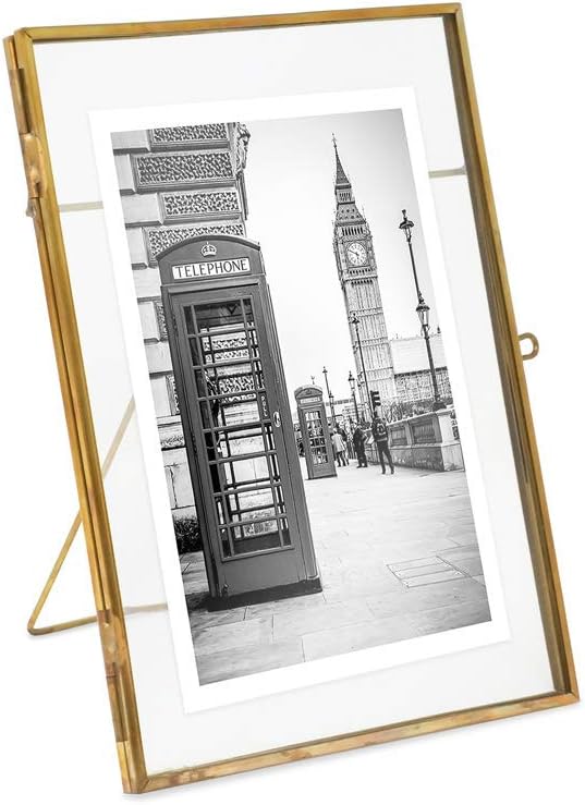 Isaac Jacobs 5x7, Antique Gold, Vintage Style Brass and Glass, Metal Floating Picture Frame (Vertical) with Locket Closure, for Photos, Art, & More, Tabletop Display (5x7 Antique Gold)
