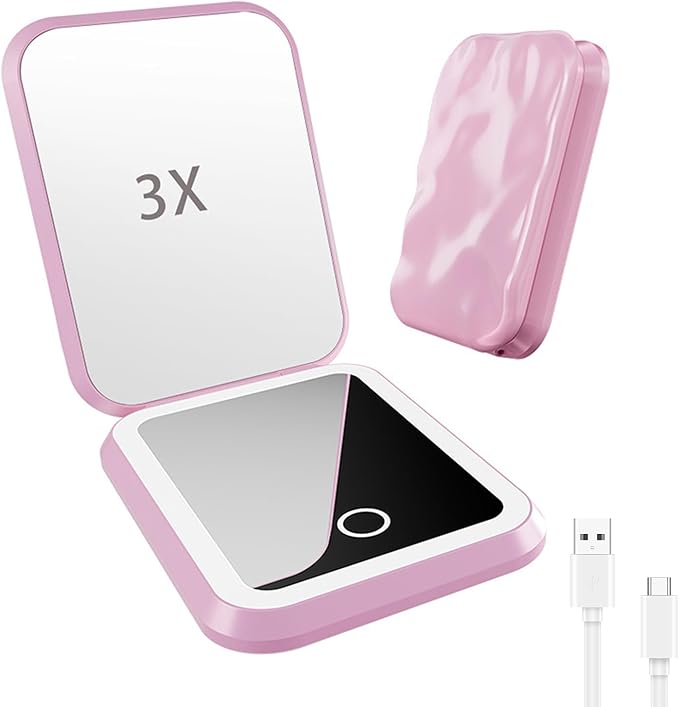 QUELIEN Lighted Compact Mirror, Rechargeable 1X/3X Magnifying Makeup Mirror Portable Natural Daylight Led Travel Makeup Mirror Small Dimmable Illuminated Mirror for Handbag