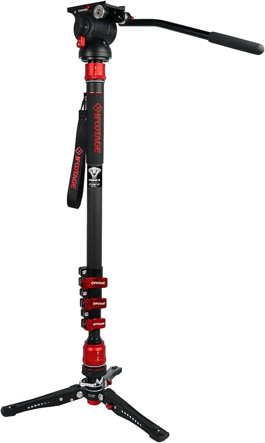 IFOOTAGE Monopod with Fluid Head Cobra 3 C180F-P + K5S, 71" Travel Monopod with Head Carbon Fiber Video Mono pod Kit for Cameras Canon Nikon Sony Olympus Panasonic DSLR Camera, Payload 17.64Lbs/8KG