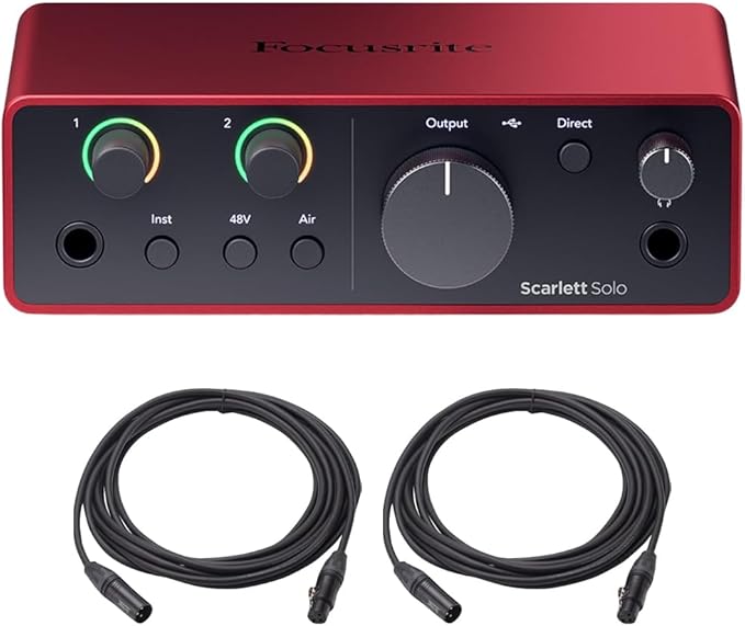 Focusrite Scarlett Solo 4th Gen Audio Interface AMS-SCARLETT-SOLO-4G Bundle with 2x OnStage MC-20 Production-Grade 20ft XLR to XLR Microphone Cable