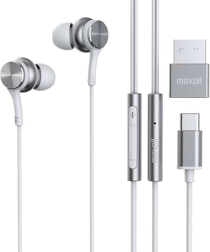 Maxell USB-C Wired Earbuds with USB-A Adapter, Built-in Microphone with Volume and Track Control, Compatible with All Devices with a USB-C and/or USB-A Port, Immersive Digital Chipset, White, 197293