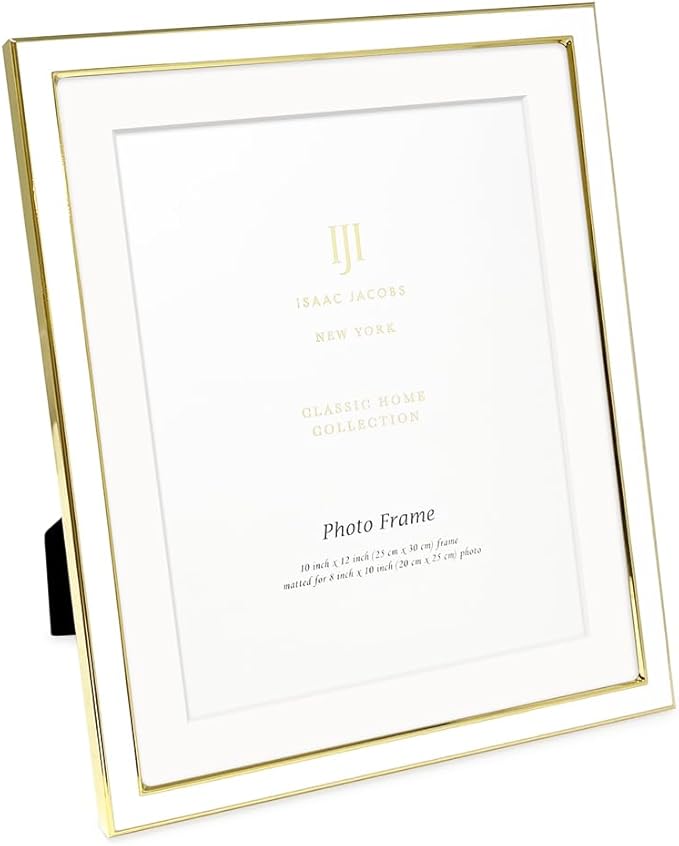 Isaac Jacobs 10x12 (Matted 8x10) White Enamel Picture Frame with Gold Metal Edge and Easel, Tabletop Display, Wall Décor, Photo Gallery, (10x12 (Matted 8x10), White with Gold)