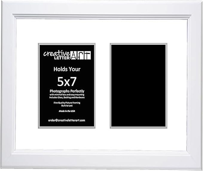 Creative Letter Art 2 Opening Glass Face White Picture Frame to hold 5 by 7 inch Photographs including 10x16-inch White Mat Collage