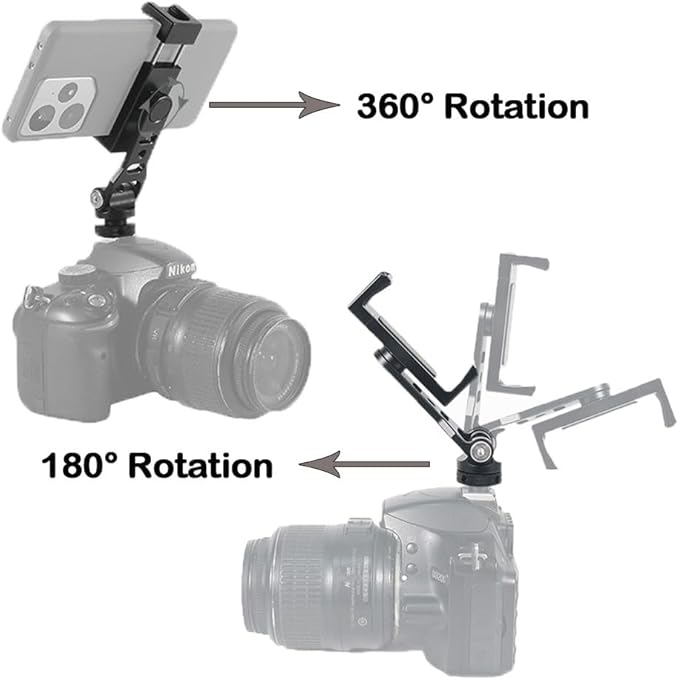 Metal Phone Tripod Mount Holder with Cold Shoe Smartphone Clamp Adapter 1/4" Thread 360° Rotates and 180° Tilt