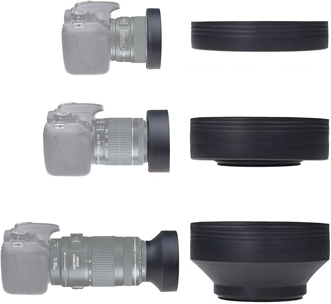 67mm Set of 2 Camera Lens Hoods and 1 Lens Cap - Rubber (Collapsible) + Tulip Flower - Sun Shade/Shield - Reduces Lens Flare and Glare - Blocks Excess Sunlight (67 mm, Rubber Hood + Tullip Hood + Cap)