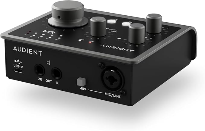 Audient Audio Interface iD4 MKII, Class A Console Microphone Preamp (High Speed USB-C, Monitor Mix and Monitor Panning Function, 2 Headphone Outputs, Mac/PC/iOS Compatible), Black