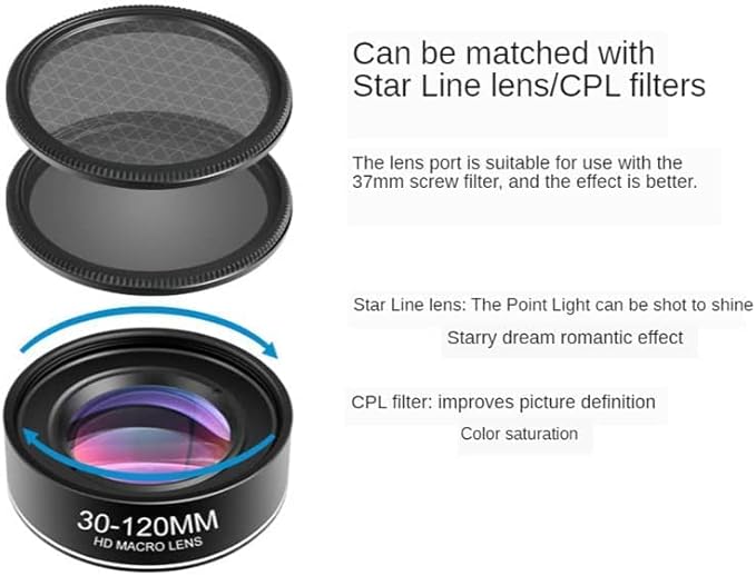 30-120mm Macro Zoom Lens, for iPhone, Samsung, Android, Pixel, Black, Mixed Materials, HD Coating, 4:1 Zoom Ratio, Auto/Manual Focus, Compatible with Most Smartphones