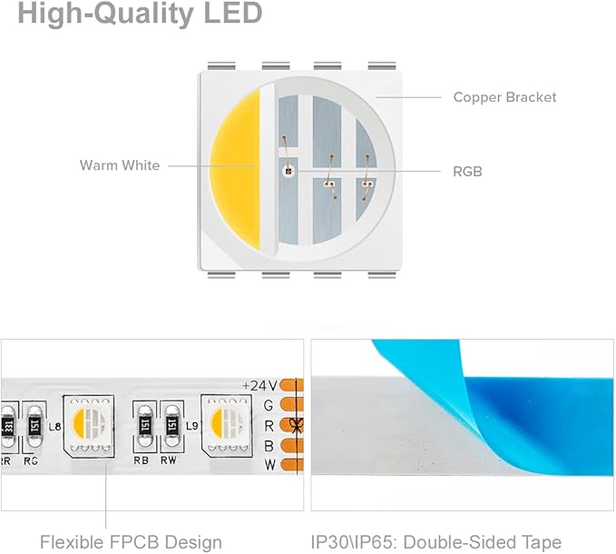 BTF-LIGHTING 5050 RGBW RGB+Warm White(2700K-3000K) 4 Colors in 1 LED Tape Light DC24V 5m 16.4ft 60LED/m Multi-Colored IP30 White 12mm PCB for Bedroom Kitchen Home Decoration(No Adapter or Controller)