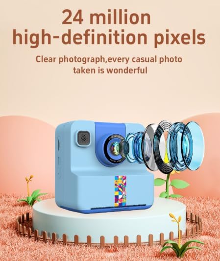 Kids Instant Print Camera, 1080p Video Recording Children's Instant Cameras, 180 ° Rotating Selfie Lens, 1 Roll of Printing Paper, Toy Gifts for Boys and Girls Aged 3-12