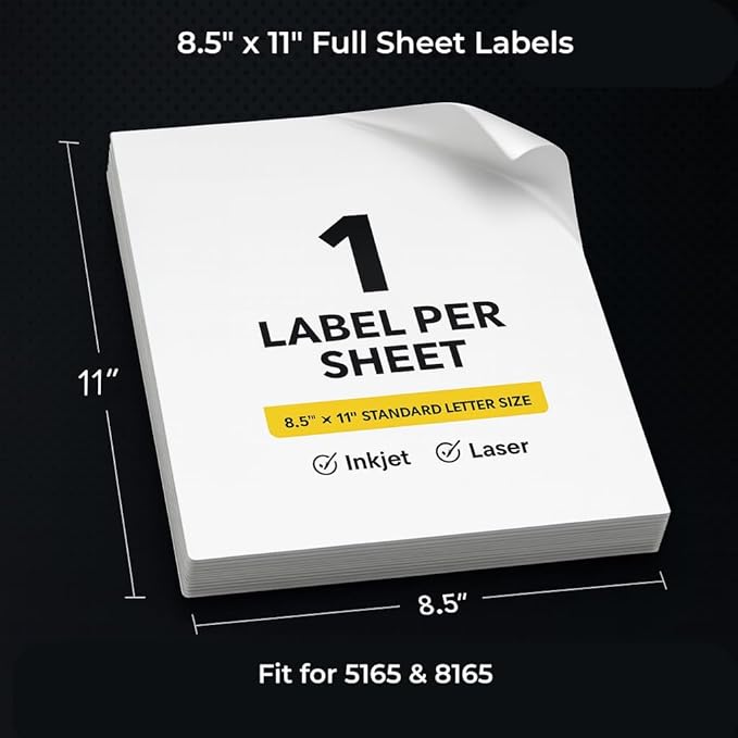 Mailing Labels for Laser/Inkjet Printer, Address Labels Stickers - 500 Sheets 8.5” x 11” Full Sheet Printable Sticker Paper, 500 Large Mailing Label for Packages (1 Shipping Label/Sheet)