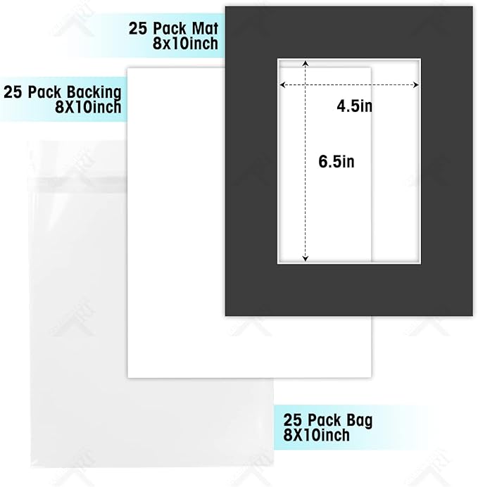 Golden State Art, Acid-Free, Pack of 25, 8x10 Black Picture Mats Mattes with White Core Bevel Cut for 5x7 Photo + Backing + Bags