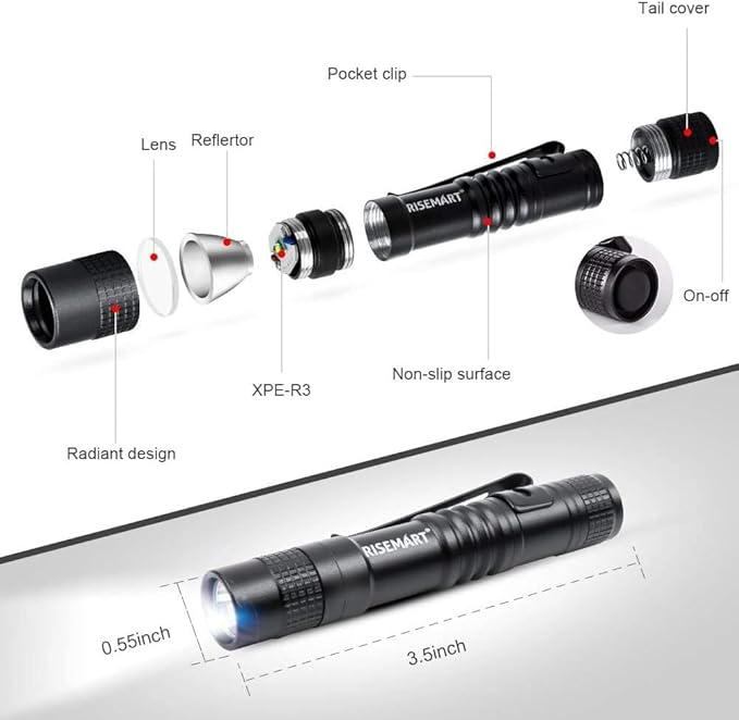 RISEMART Super Small Mini Flashlight AAA 100 Lumens Ultra Bright LED Pen Light Pocket Clip Tactical Torch Lamp(3.5" Red)
