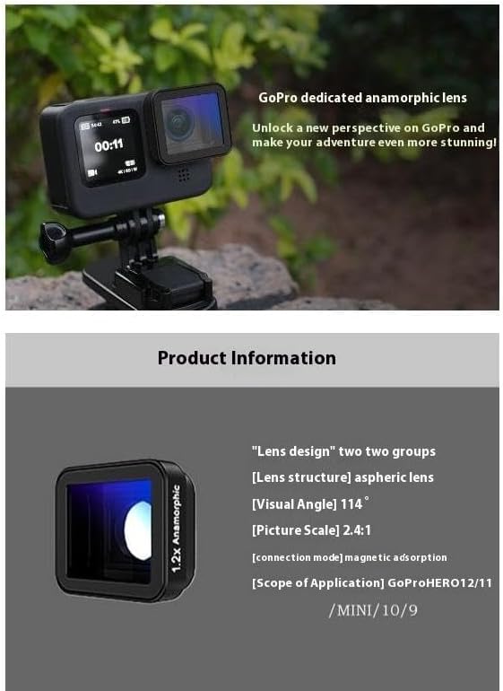 1.2X Anamorphic Lens/Movie Lens for Gopro Hero 13 12 11/11 MINI 10 9 Black,Magnetic Design HD Optical Lens, Widescreen Cinematic Effect,with Blue Flare,Vlog Shooting