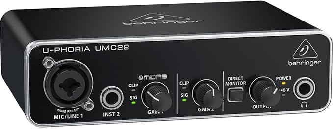 Behringer UMC22 Audiophile 2x2, 48 kHz USB Audio Interface with Midas Mic Preamplifier | For Recording Microphones and Instruments