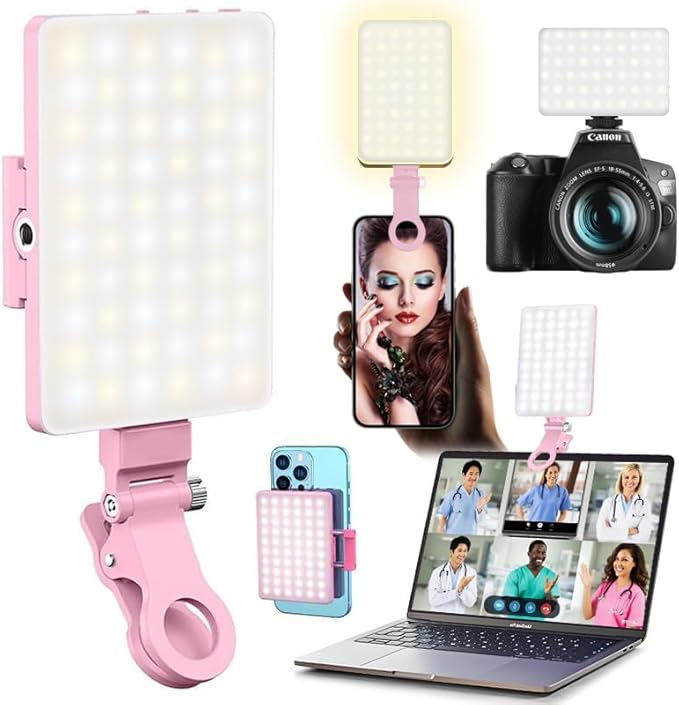 60 LED Portable Selfie Light Video Conference Lighting with Clip & Camera Tripod Adapter Rechargeable 2000mAh CRI 97+, 3 Light Modes for Phone iPhone Webcam Laptop Photo Makeup (Pastel Pink)