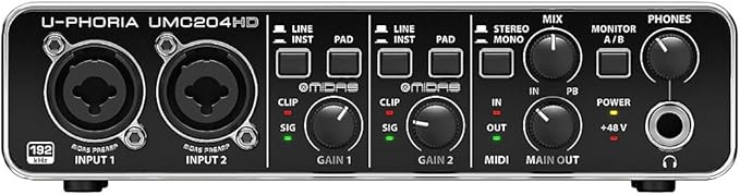 Behringer UMC204HD Audiophile 2x4, 24-Bit/192 kHz USB Audio/MIDI Interface with Midas Mic Preamplifiers | For Recording Microphones and Instruments