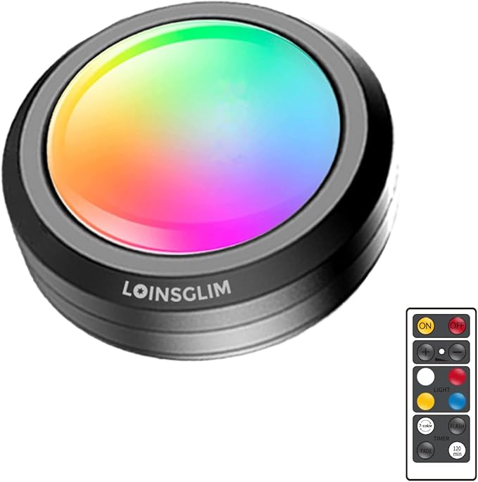 LED Puck Lights with Remote, 7 Colors Under Cabinet Lighting Wireless, Battery Operated RGB Dimmable Push Lights for Closet, Kitchen, Under Counter, Bar Display Shelf (1 Pack)