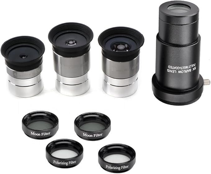 Starboosa Complete Telescope Eyepiece Set - Multi-Coated Optics - 1.25 inch Eyepiece Set with 4mm, 10mm, 20mm Lenses, 5X Barlow Lens, 2 Moon Filters, 2 Polarizing Filters