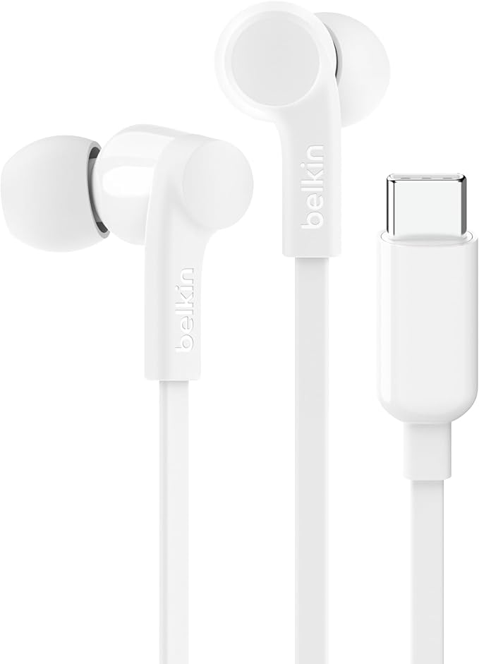 Belkin SoundForm Wired Earbuds with USB-C Connector, in-Ear Earphones w/Microphone - USB-C Headphones for iPhone 17, iPhone 16, iPad mini, Galaxy S25, Google Pixel 9, Android, and More - White