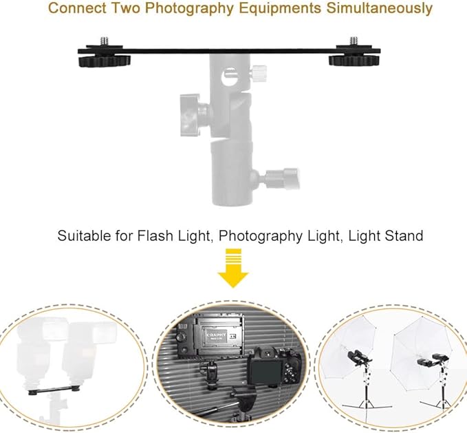 KAGYOKU Dual Flash Bracket 8in/20.3cm Camera Mount Tripod Bracket with 1/4 Screw Hot Shoe Flash Light Bracket for LED Light Microphone 3D Stereo Stereoscopic Photography