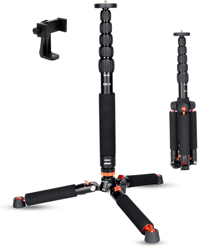 Koolehaoda Camera Aluminum Monopod with Metal Tripod Base.6 Sections 18-69inch Adjustable, Leg Diameter Φ28mm,up to 13lbs - Black
