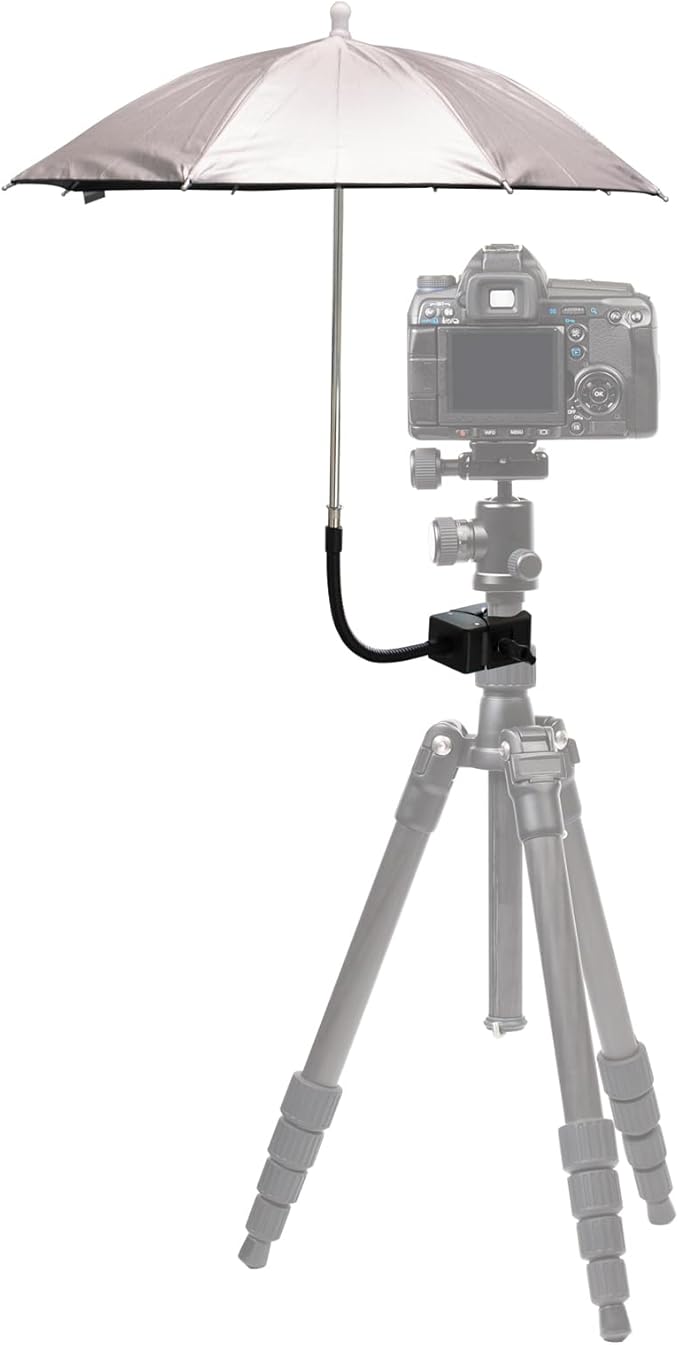 Umbrella Chair Clamp for Cameras, Flexible Adjustable Gooseneck Camera Rain Cover, Tripod Sun Shade Umbrella for Outdoor Photographing, Filming, Live Streaming, 20 Inch Diameter, Silver