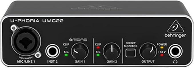 Behringer UMC22 Audiophile 2x2, 48 kHz USB Audio Interface with Midas Mic Preamplifier | For Recording Microphones and Instruments