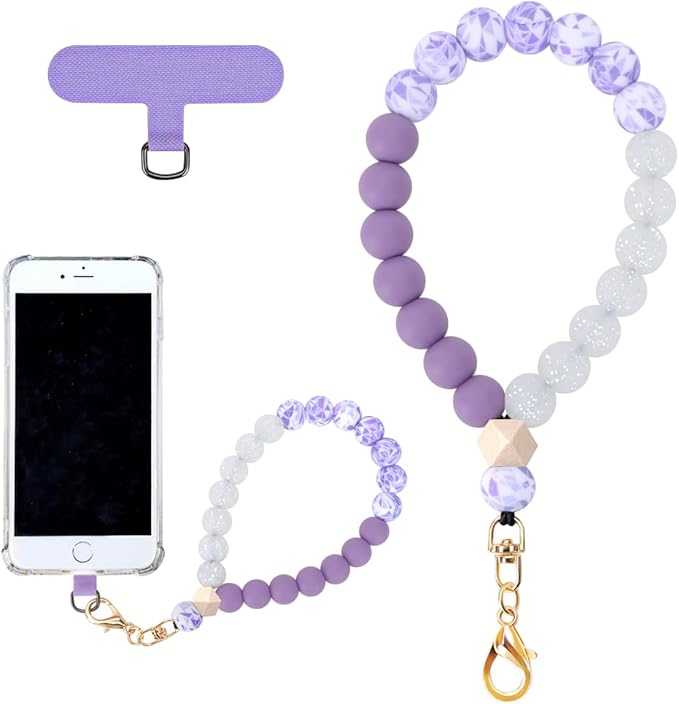 Marble Silicone Beaded Phone Wrist Strap, Cellphone Lanyard with Tether Tab, Elastic Hands-Free Wristlet Bracelet
