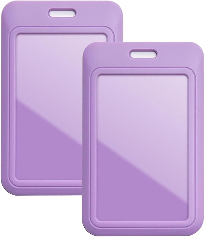 Larpur Pack of 2 Sliding ID Badge Holders Hard Plastic Vertical Card Cases with Clear ID Window for School, Office, Factory, Purple