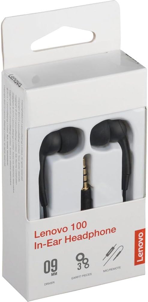 Lenovo 100 in-Ear Headphone, Wired, Microphone, Noise Isolating, 3 Ear Cup Sizes, Windows, Mac, Android, GXD0S50936, Black