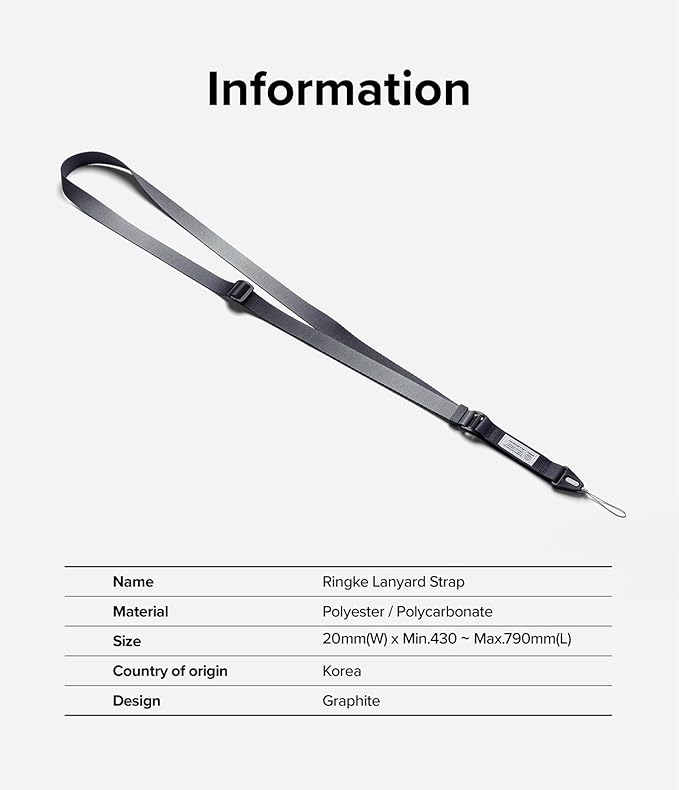Ringke Lanyard Strap [Adjustable Neck Shoulder Crossbody Strap] [One-Touch Buckle] for Phone Case, Camera, Keys, USB Flash Drive, and ID Badge - Graphite