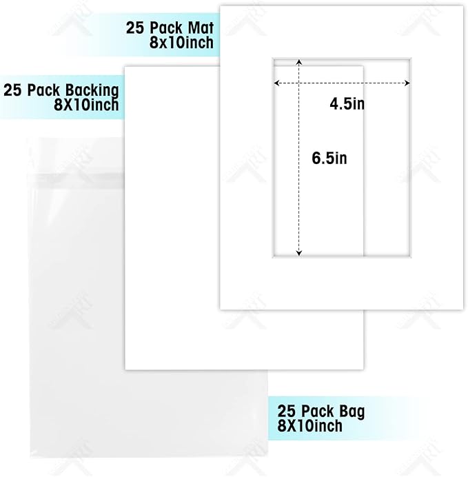 Golden State Art, Acid-Free, Pack of 25, 8x10 White Picture Mats Mattes with White Core Bevel Cut for 5x7 Photo + Backing + Bags