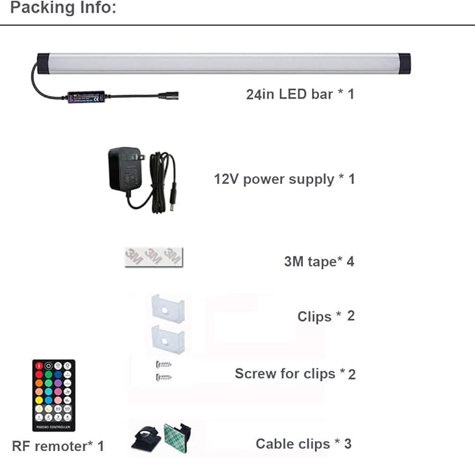 Dimmable Under Cabinet Lighting, RGB LED Light Bar, RF Remote Control Lamp, Multicolor Under Counter Lights for Desk, Room, Cupboard, Hallway, Shelf, Closet (24 Inch)