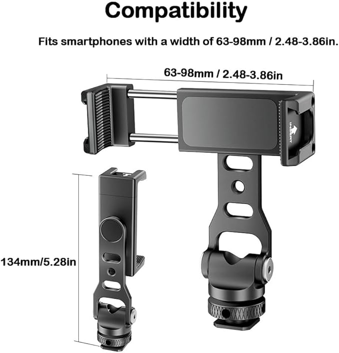Metal Phone Tripod Mount Holder with Cold Shoe Smartphone Clamp Adapter 1/4" Thread 360° Rotates and 180° Tilt