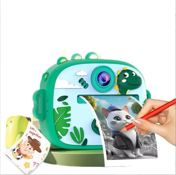 Kids Instant Print Camera, Cute Dinosaur Theme No-Ink Thermal Printing Digital Camera Toy, Rechargeable Portable Camera for Girls & Boys Ages 3–12, DIY Black and White Photo Prints (Pink)