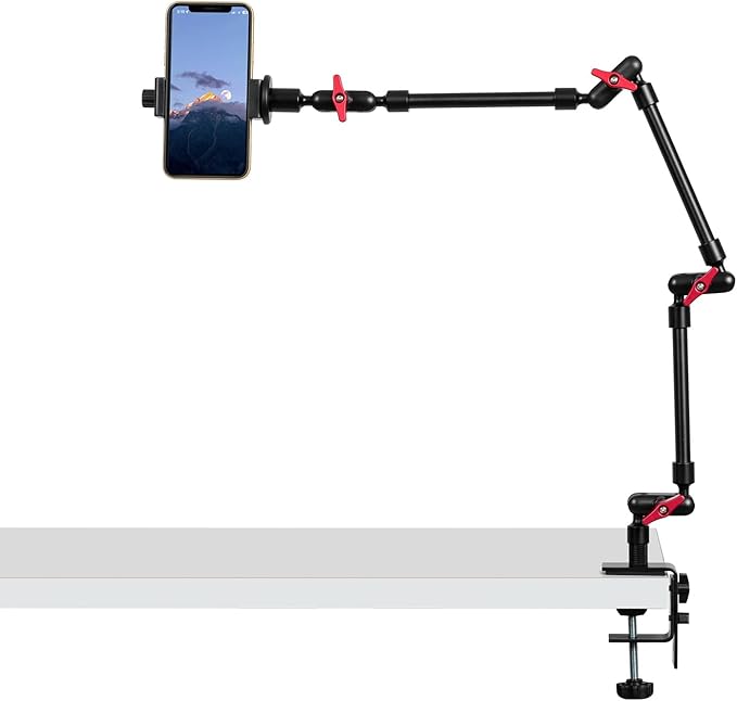 Magic Arm with Clamp, Long Articulating Arm Camera Mount, Adjustable Phone Mount Holder 360° Rotation, Mic Arm for Microphone, LED Lights, for Phone, Tripod, Desk, Table