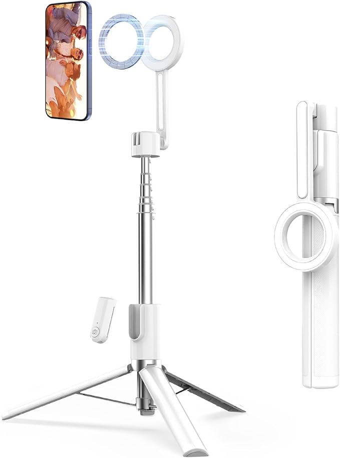 SEAJIC Magnetic Phone Tripod for iPhone 54" Selfie Stick Tripod with Remote and Metal Ring, Phone for Video Recording, Cell Phone Mount Stand for Cellphone (White)