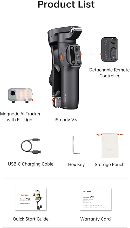 hohem iSteady V3 Gimbal Stabilizer for iPhone, Magnetic AI Tracker,Detached Remote,Built-in Tripod Extension Rod, 3-Axis Phone Gimbal Stabilizer for Smartphone Video Recording Vlog Live tiktok,Black
