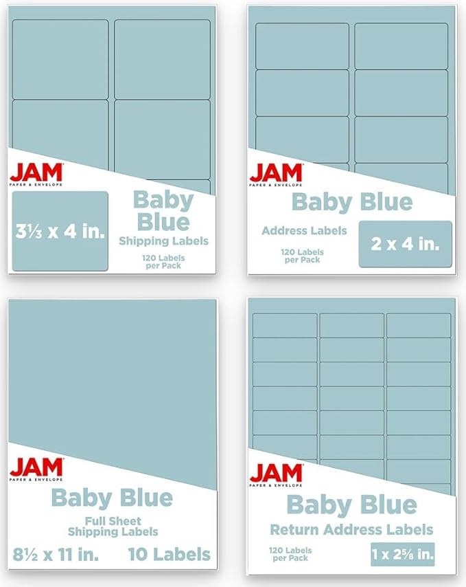 JAM PAPER Shipping & Mailing Address Labels - Multi Size Assortment - Baby Blue - 370/Pack