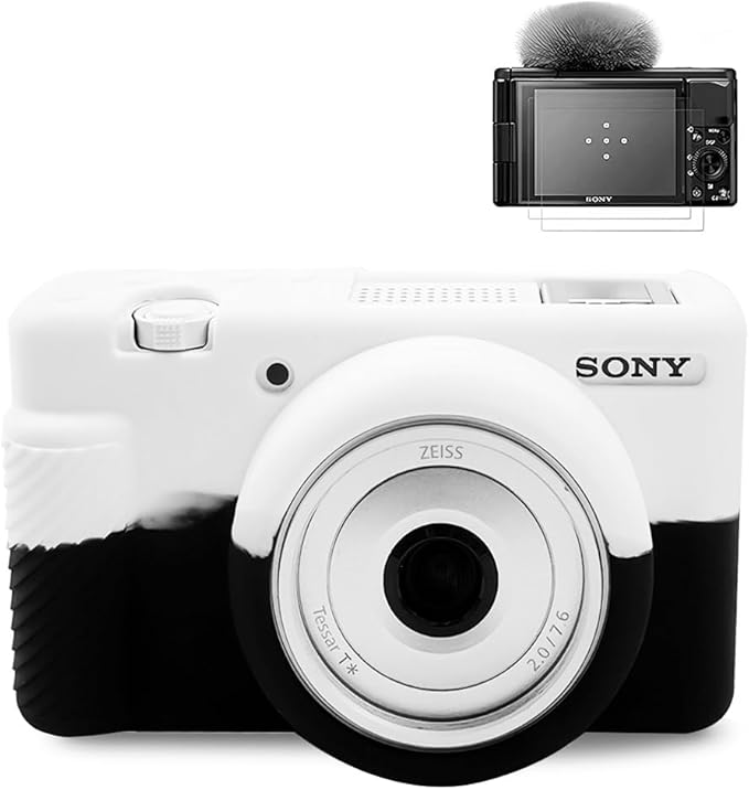 Pocoukate Case for Sony ZV-1F, ZV-1 II/ZV-1M2 Vlog Camera, ZV1F Camera Silicone Cover Skin, Anti-Scratch Slim Fit Soft Sleeve with ZV1 F Screen Protector- Black & White