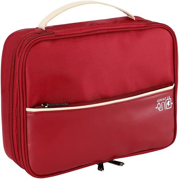 Cable Organizer Bag, Double Layer Multipurpose Electronic Organizer Waterproof Electronic Accessories Storage Case Removable Bulkhead Easy Carry Fit for Cable,Charger,USB,Power Bank (Red)