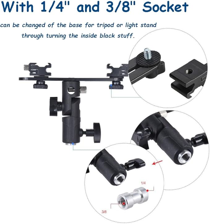 Camera Flash Brackets, Speedlight Mount Dual Hot Shoe Speedlight Stand, 1/4" to 3/8'' Umbrella Holder Light Stand Bracket for Photo Video Photography