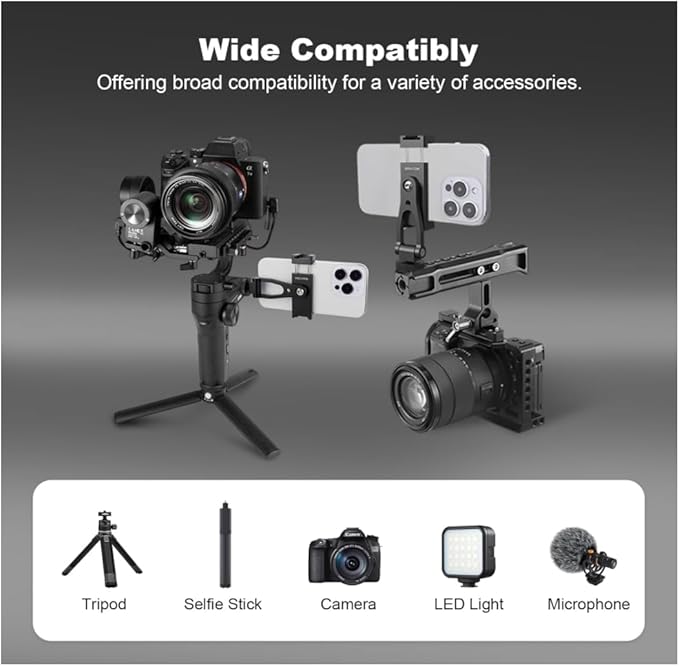 Metal Phone Tripod Mount with Cold Shoes & 1/4" Thread, 180° Tilt & 360° Rotation Tripod Phone Holder Stand for iPhone 16 Pro Max/Samsung Galaxy/All Phones/Camera/Cage/Selfie Stick (69001)