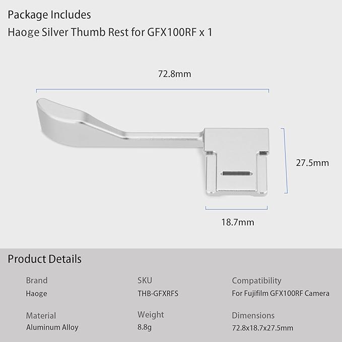 Haoge Metal Thumb Up Grip for Fujifilm GFX100RF Camera Digital Accessories GFX 100RF Hot Shoe Thumb Up Rest Support Handgrip Silver THB-GFXRFS