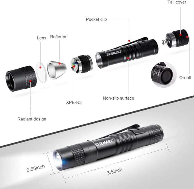 RISEMART Super Small Mini Flashlight AAA 100 Lumens Ultra Bright LED Pen light Pocket Clip Tactical Torch Lamp(3.5")