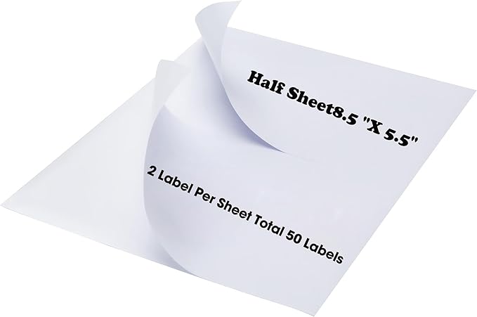 50 Half Sheet Shipping Labels 2 Per Sheet -25 Sheets Sticker Paper for Laser & Inkjet Printers Waterproof Shipping Labels - Strong Aadhesive for Packaging & Crafting