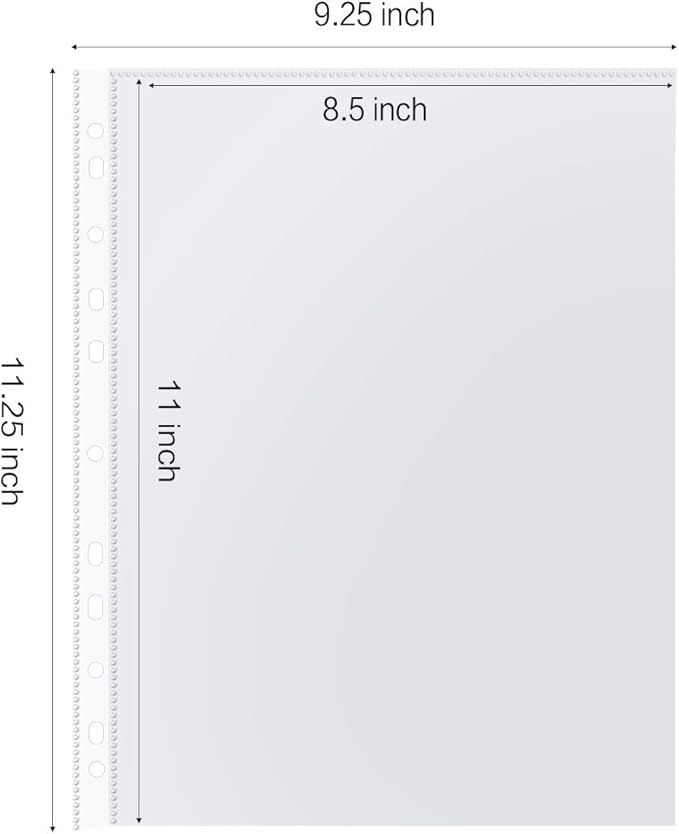 Sheet Protectors, HERKKA 300 Pack Heavy Duty Clear Plastic Page Protectors Sheet Reinforced 11-Hole Fit for 3 Ring Binder Fits Standard 8.5 x 11 Paper, 9.25 x 11.25 Top Loaded, Acid Free